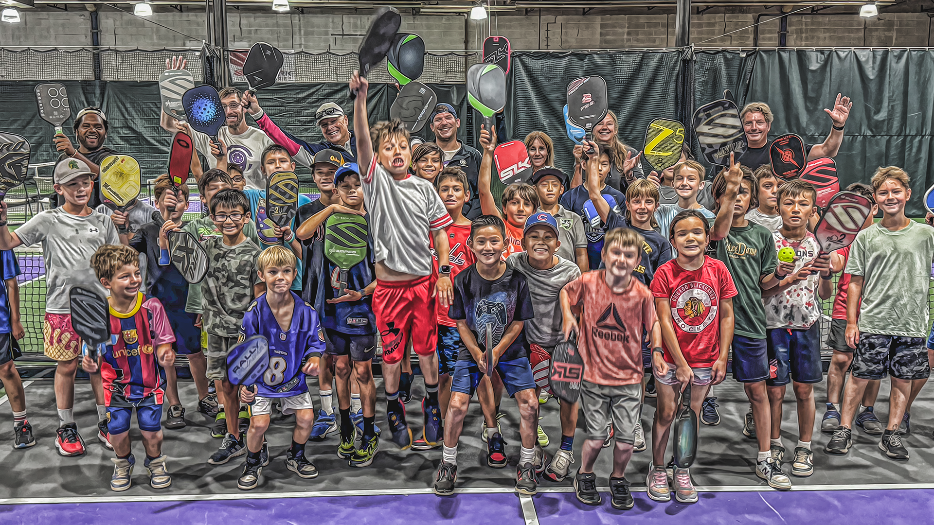 Junior players at Glenbrook Pickle Club holding their paddles up after a session